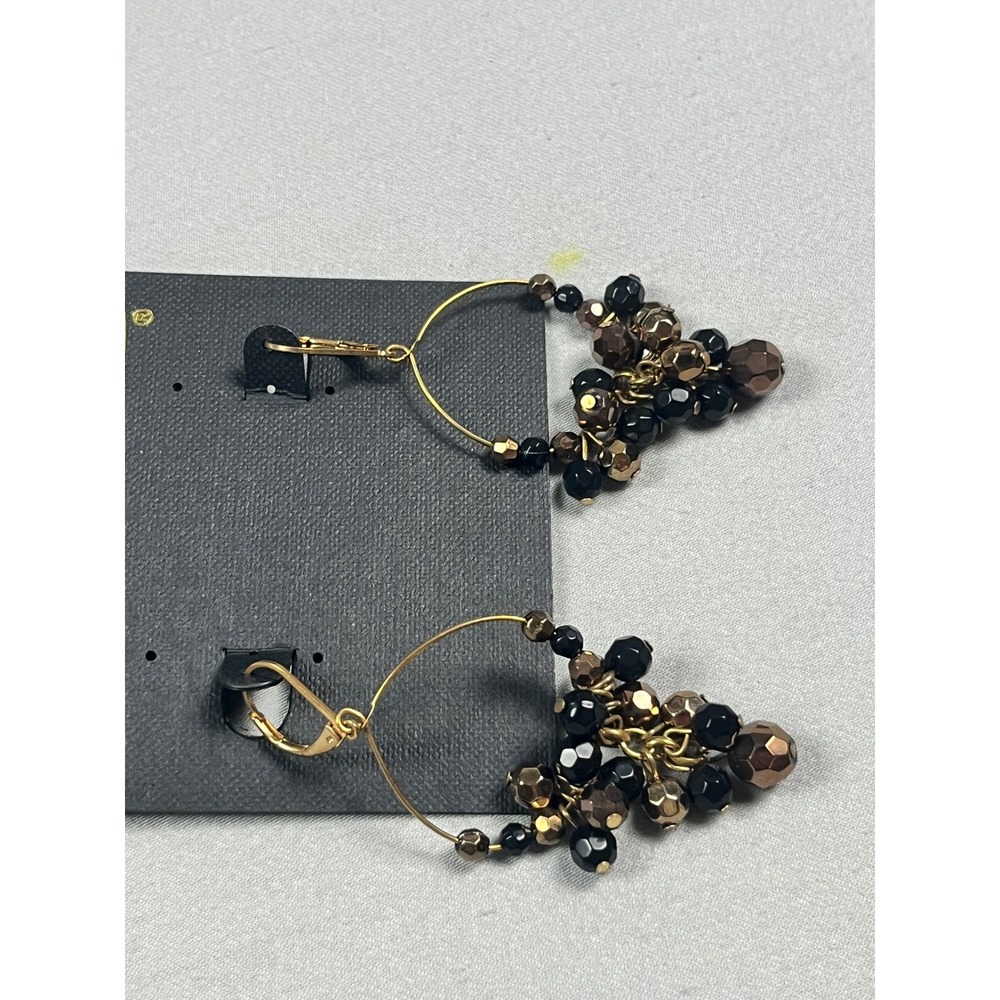 Cookie Lee Black Bronze Beaded Cluster Hoop Earrings Gold Tone Leverback New - Picture 3 of 4